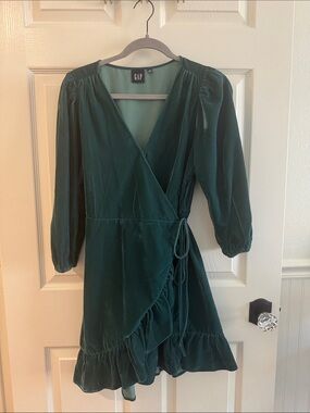 GAP Deep Green Velvet Wrap Mini Dress